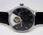 Fake IWC Portuguese Black FaceTourbillon Watch Leather Strap